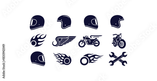 Bold black silhouette design elements for vintage motorcycles helmets wings speed flames and tools