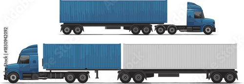 Detailed illustration of long haul semi trucks with blue and gray shipping containers, cargo transportation vehicles, logistics freight trucks for delivery