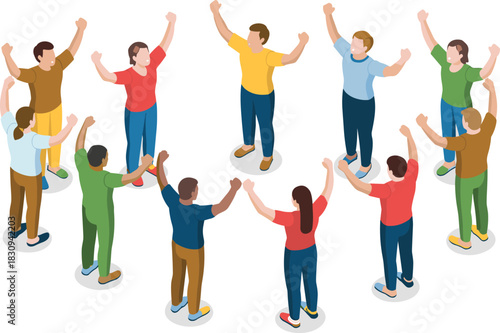 Isometric illustration of diverse people standing in a circle raising arms, teamwork celebration concept, unity group activity, community support and collaboration