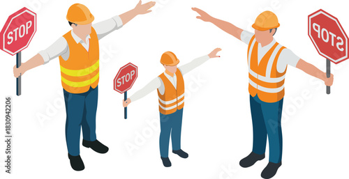 Isometric construction worker holding stop sign, safety vest illustration for traffic control, road work direction, highway safety operations and warning signals