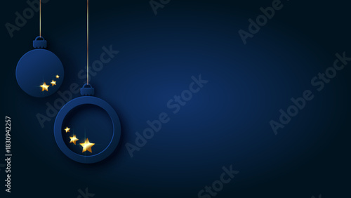 Christmas balls decorated gold shining stars on navy background