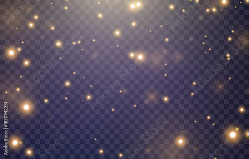 Vector magical light dust, dusty shine. Flying particles of light. Christmas light effect. Sparkling particles of fairy dust glow in transparent background. Vector illustration on png