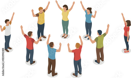 Isometric illustration of diverse people standing in a circle raising arms, teamwork celebration concept, unity group activity, community support and collaboration