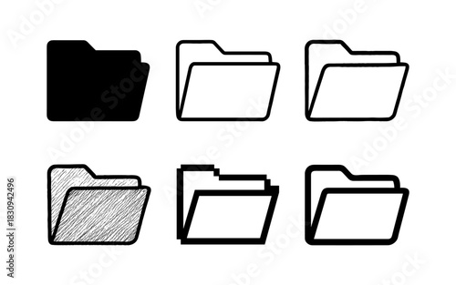 Variety of file folder icons: silhouette, sketch, and outline styles