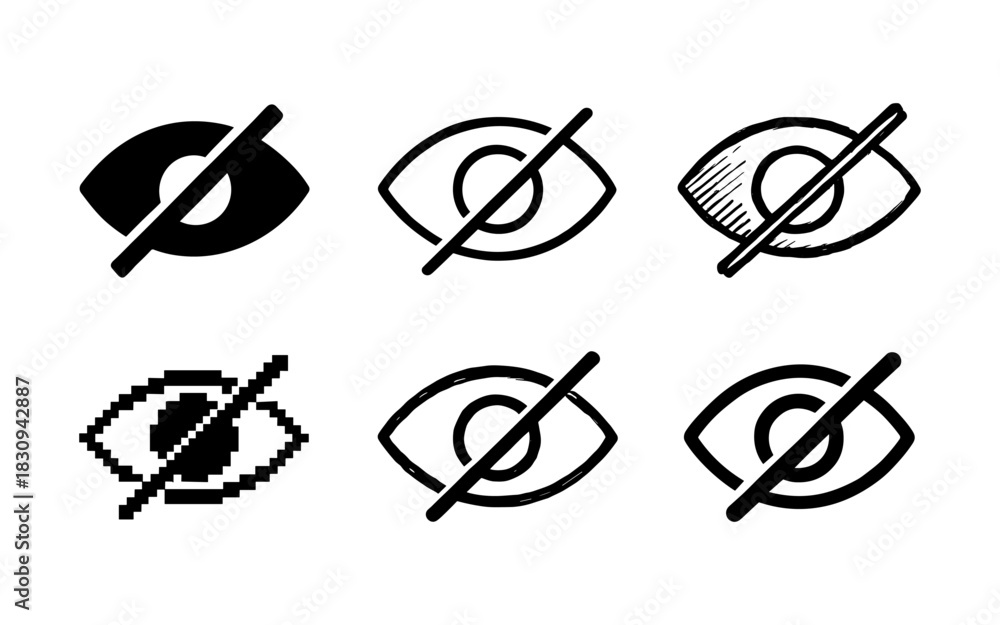 Fototapeta premium Variety of eye icon styles indicating visibility off in modern designs