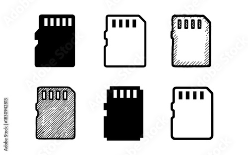 Sd card icon set: diverse styles including bold outline, sketched, and solid variations