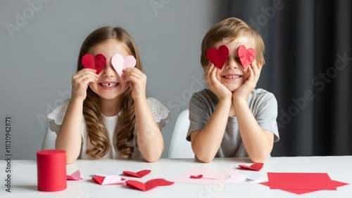 children enjoying craft activity with heart-shaped paper cutouts in creative