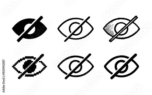 Variety of eye icon styles indicating visibility off in modern designs
