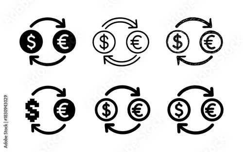 Currency exchange icons set with dollar and euro symbols in various styles