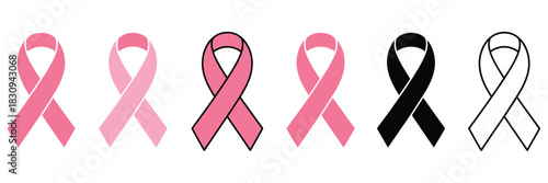 Breast cancer awareness ribbon set, featuring multiple styles,  and designs, support, hope, and solidarity, ideal for health campaigns, social media graphics, educational materials,