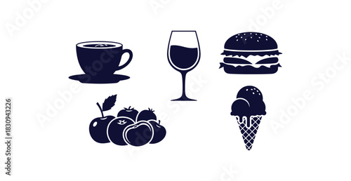 Black silhouette icons of coffee cup wine glass burger fruit and ice cream cone