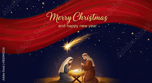 Celebrate the magic of Christmas with this heartwarming Nativity scene under the starry night sky, perfect for holiday greetings and festive designs