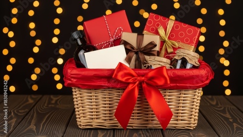 Festive gift basket filled with presents and treats for holiday celebrations