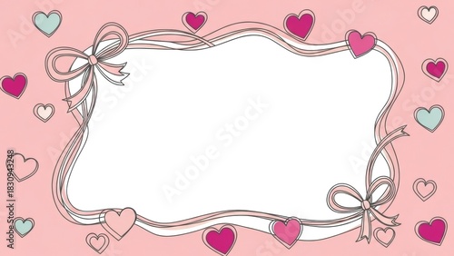 Sweet romantic frame decorated with colorful hearts and elegant ribbons for