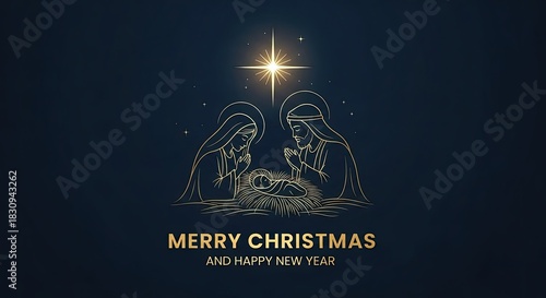 Elegant golden nativity scene wishing Merry Christmas and Happy New Year for holiday greeting cards and festive seasonal designs with a star of Bethlehem