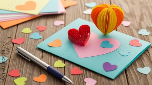 Creative handmade paper hearts and colorful notes celebrating love and