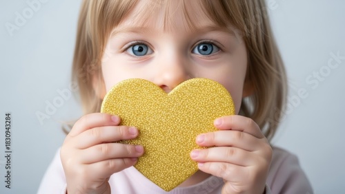 Young child with bright blue eyes holding a golden glitter heart close to face