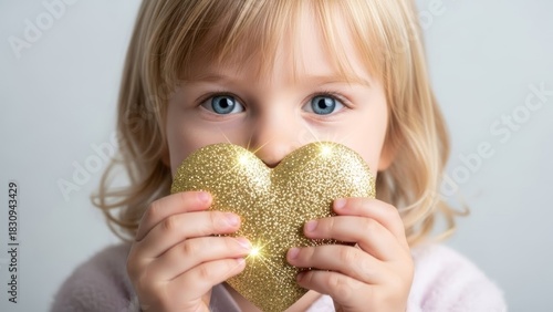 Adorable young child with bright blue eyes holding a sparkling gold heart