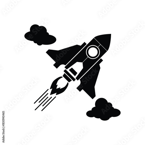 This silhouette icon depicts a rocket blasting upward through clouds, symbolizing growth, ambition, progress, exploration, and new beginnings. Categorized as an innovation, startup