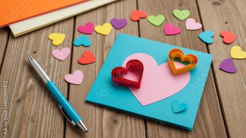 Colorful paper hearts and stationery on wooden surface for heartfelt crafts