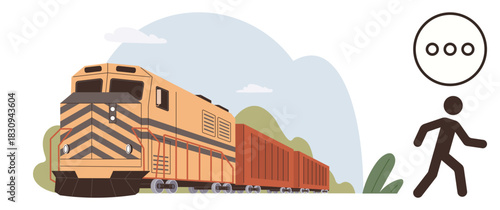 Cargo train traveling through scenic landscape of hills and vegetation, accompanied by a human figure and conceptual signal. Ideal for transportation, logistics, travel, safety awareness