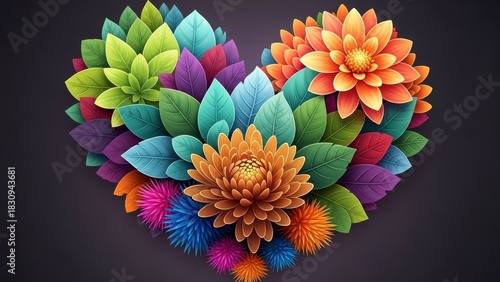 Vibrant Paper Flowers Arranged in a Heart Shape on Dark Background