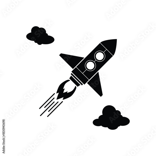 This silhouette icon depicts a rocket blasting upward through clouds, symbolizing growth, ambition, progress, exploration, and new beginnings. Categorized as an innovation, startup