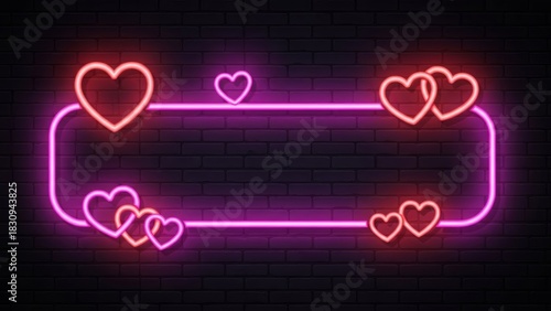 Colorful neon love hearts glowing on dark brick wall background for romantic