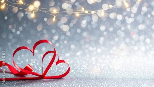 romantic heart-shaped ribbon decoration illuminated with festive fairy lights