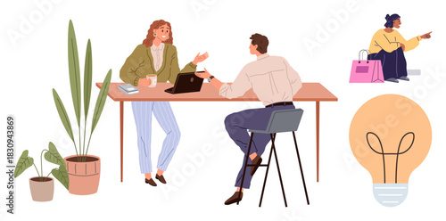 Two colleagues brainstorming at a desk, indoor plants adding warmth. Woman shopping in background. Light bulb signifies fresh ideas. Ideal for teamwork, creativity, innovation, commerce