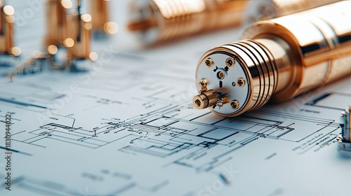 Close-up of engineering components and blueprints, showcasing technical design and precision. The image highlights the details of the objects and the concept of