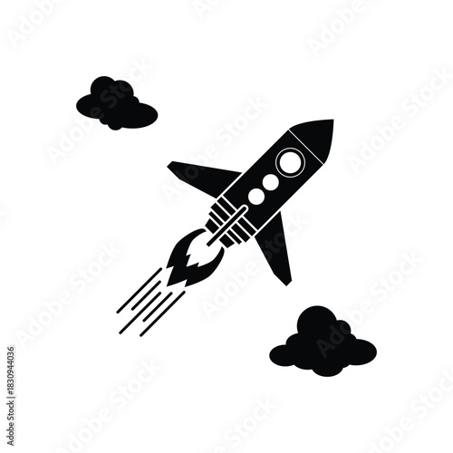 This silhouette icon depicts a rocket blasting upward through clouds, symbolizing growth, ambition, progress, exploration, and new beginnings. Categorized as an innovation, startup