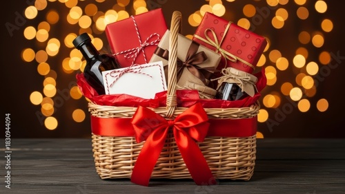 Festive gift basket with assorted presents and wrapping on wooden surface