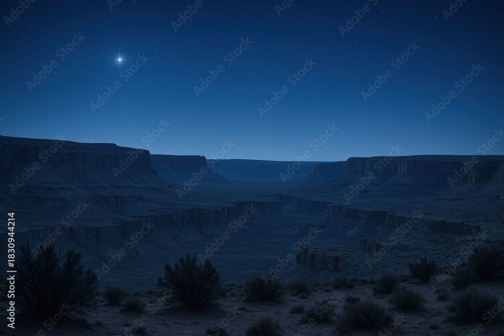 Fototapeta premium Night Landscape with Canyon Underneath Starry Sky, Depicting Quietude and Natural Beauty