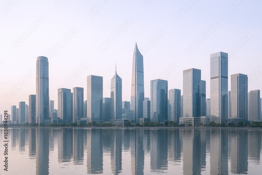 Naklejka premium Modern Cityscape Reflection at Waterfront: Tranquil Urban Skyline with Contemporary Architecture and Calm Water