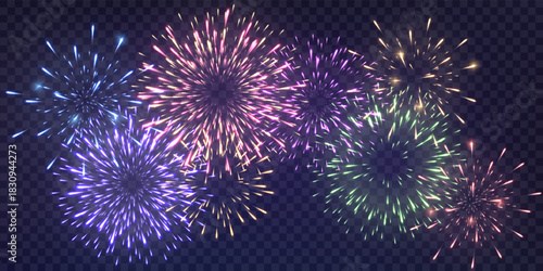 Festive fireworks with brightly shining sparks. New Year's Eve fireworks. Realistic sparks and explosions. Colorful pyrotechnics show. Vector isolated on png background.