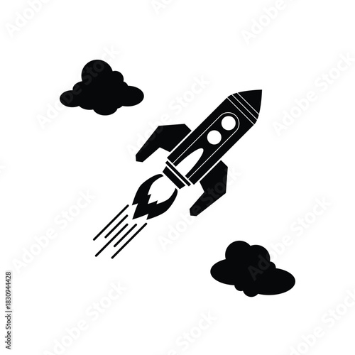 This silhouette icon depicts a rocket blasting upward through clouds, symbolizing growth, ambition, progress, exploration, and new beginnings. Categorized as an innovation, startup