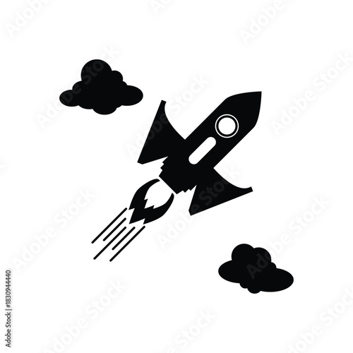 This silhouette icon depicts a rocket blasting upward through clouds, symbolizing growth, ambition, progress, exploration, and new beginnings. Categorized as an innovation, startup