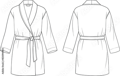 Short shawl collar bathrobe technical flat sketch front and back views belted waist cuffed sleeves sewing pattern garment vector illustration