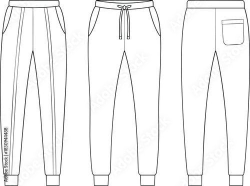 Slim tapered jogger pants technical flat sketch front back side views elastic waistband drawstring ribbed cuffs side pockets tailored pleat
