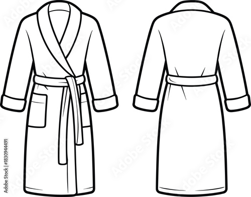 Classic short shawl collar belted bathrobe technical flat sketch front and back views garment template sewing pattern cuffed sleeves pocketed