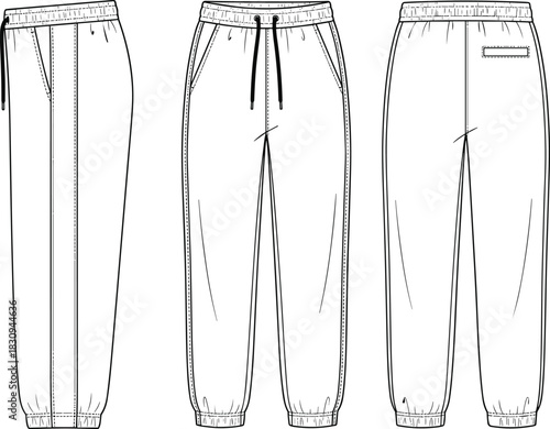 Technical vector illustration of men’s jogger pants featuring elastic waistband, drawstring, pockets, tapered legs and detailed stitching in front side back views