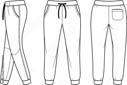 Technical vector illustration of men’s jogger sweatpants featuring ribbed cuffs, drawstring waistband, side pockets, back pocket and clean modern athletic design