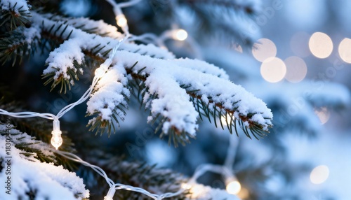 Snow Covered Evergreen Branch Adorned with Festive Lights