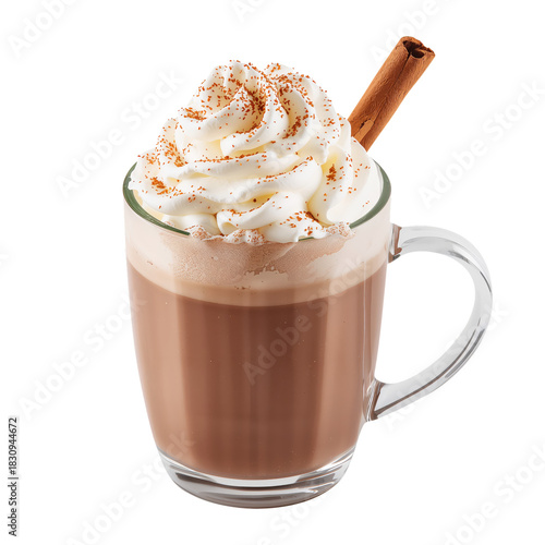 Warm Hot Chocolate With Whipped Cream Served in a Glass Cup Topped With Cinna...