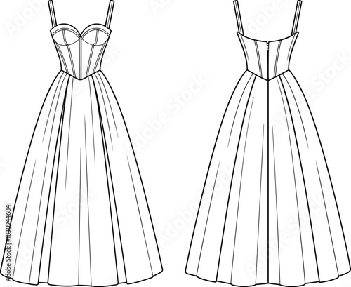 Elegant women’s corset dress technical flat sketch featuring structured bodice, fitted straps, flowing full skirt, detailed seams, front and back views
