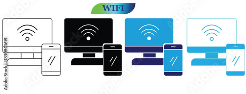 Device Connectivity Icon Set – Computer and Smartphone with WiFi Signal, Wireless Network, Mobile Sync, Digital Communication Vector Illustration