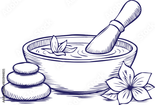 Hand drawn spa concept with mortar pestle stone stack and flower