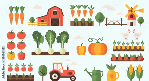 Illustrative Farming Scene Depicting Harvested Crops, Farm Buildings and Gardening Tools