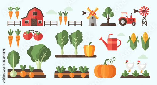 Cheerful farm illustrations featuring harvest vegetables and agricultural elements